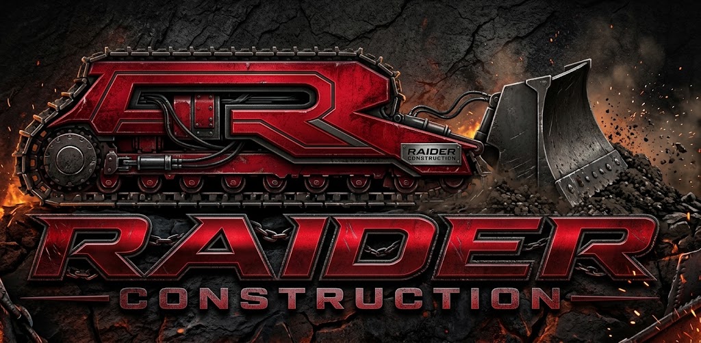 Raider Construction’s red R-shaped dozer logo against rugged earth